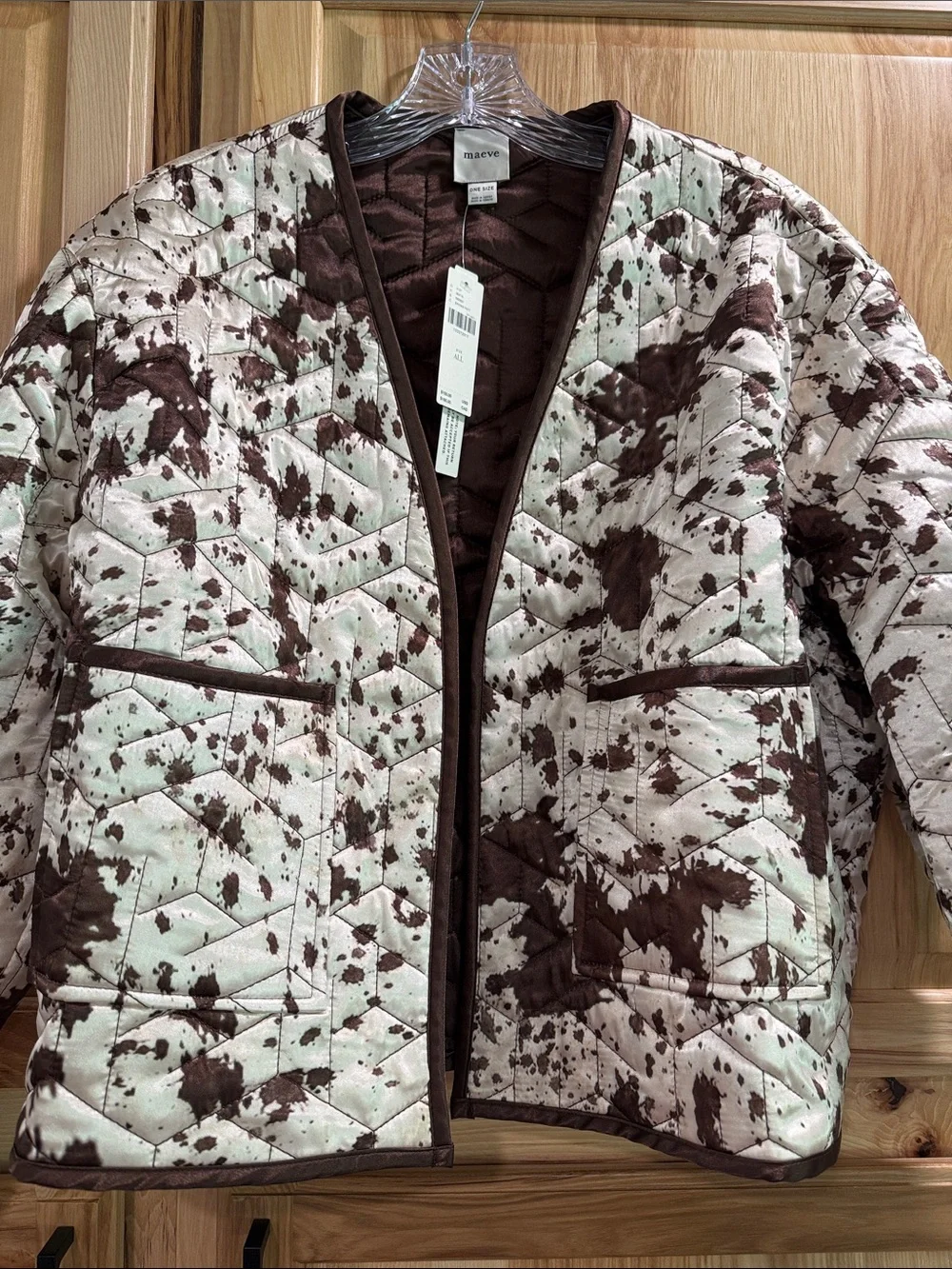 New! Maeve Anthropologie Open Front Cow Print Cream and Brown Quilted Jacket OS - Picture 4 of 14